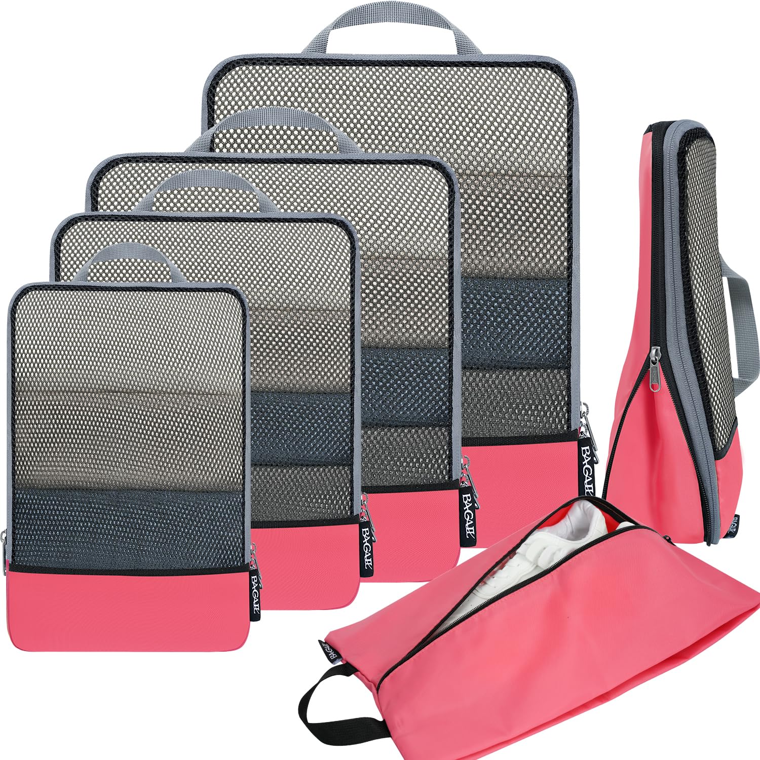 BAGAIL 4 Set/6 Set/8 Set Compression Packing Cubes Travel Accessories Expandable Packing Organizers (Half Mesh, 6-Black)