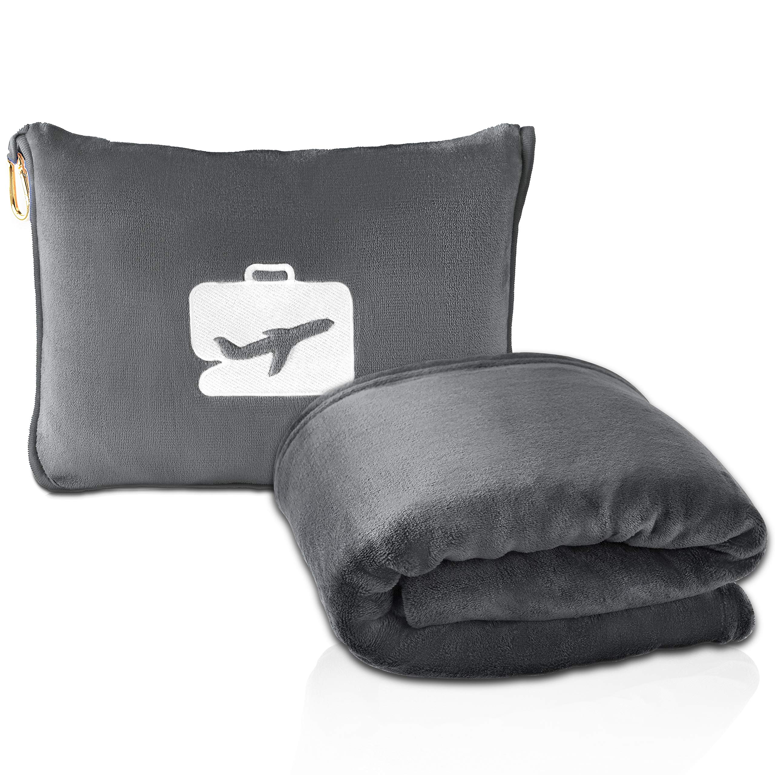 EverSnug Travel Blanket and Pillow - Ultra-Soft, Compact & Lightweight, 65x40 Inches, with Carry Case, Luggage Sleeve & Backpack Clip for Airplane Comfort (Black)