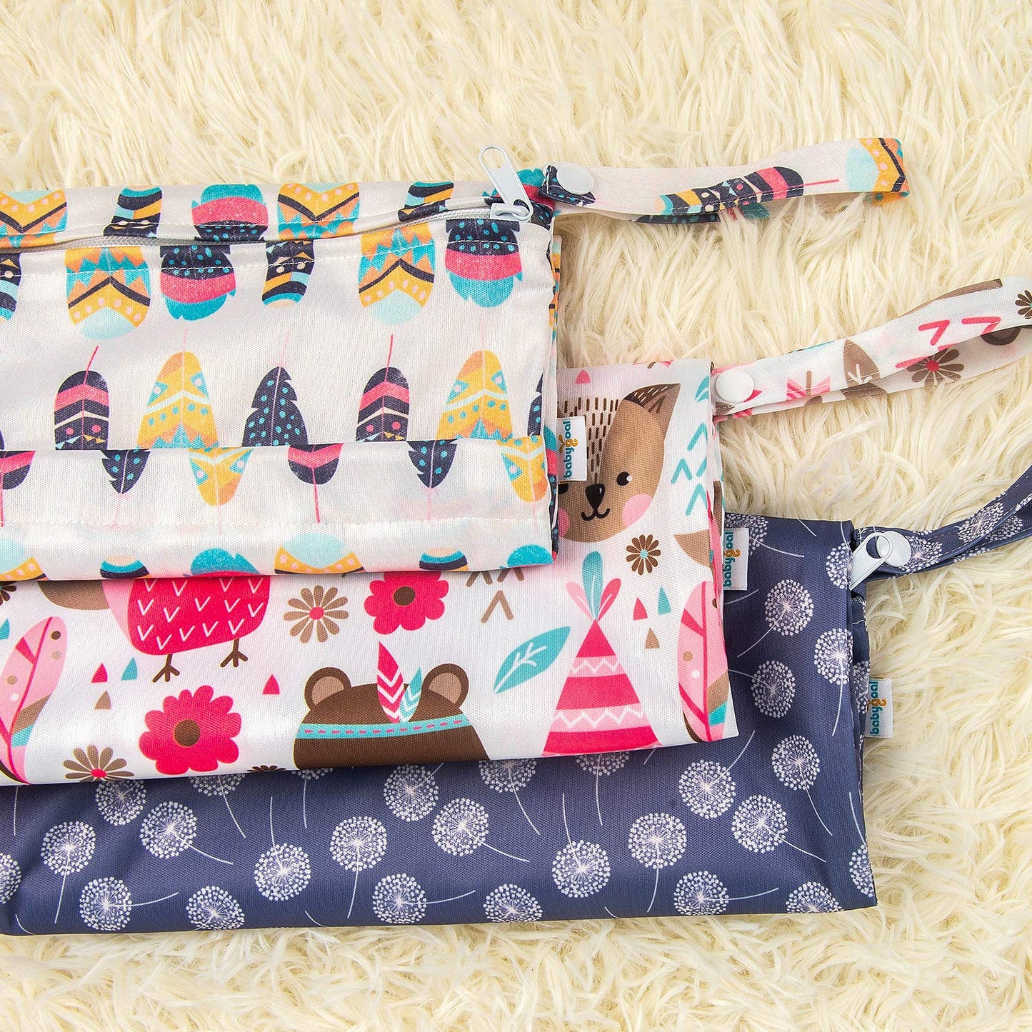 babygoal Wet Dry Bags 3 Pack, Waterproof Reusable Travel Bags for Swimsuits, Baby Cloth Diapers, Beach, Pool, Gym Bag & Wet Clothes with 2 Pockets L-BWG